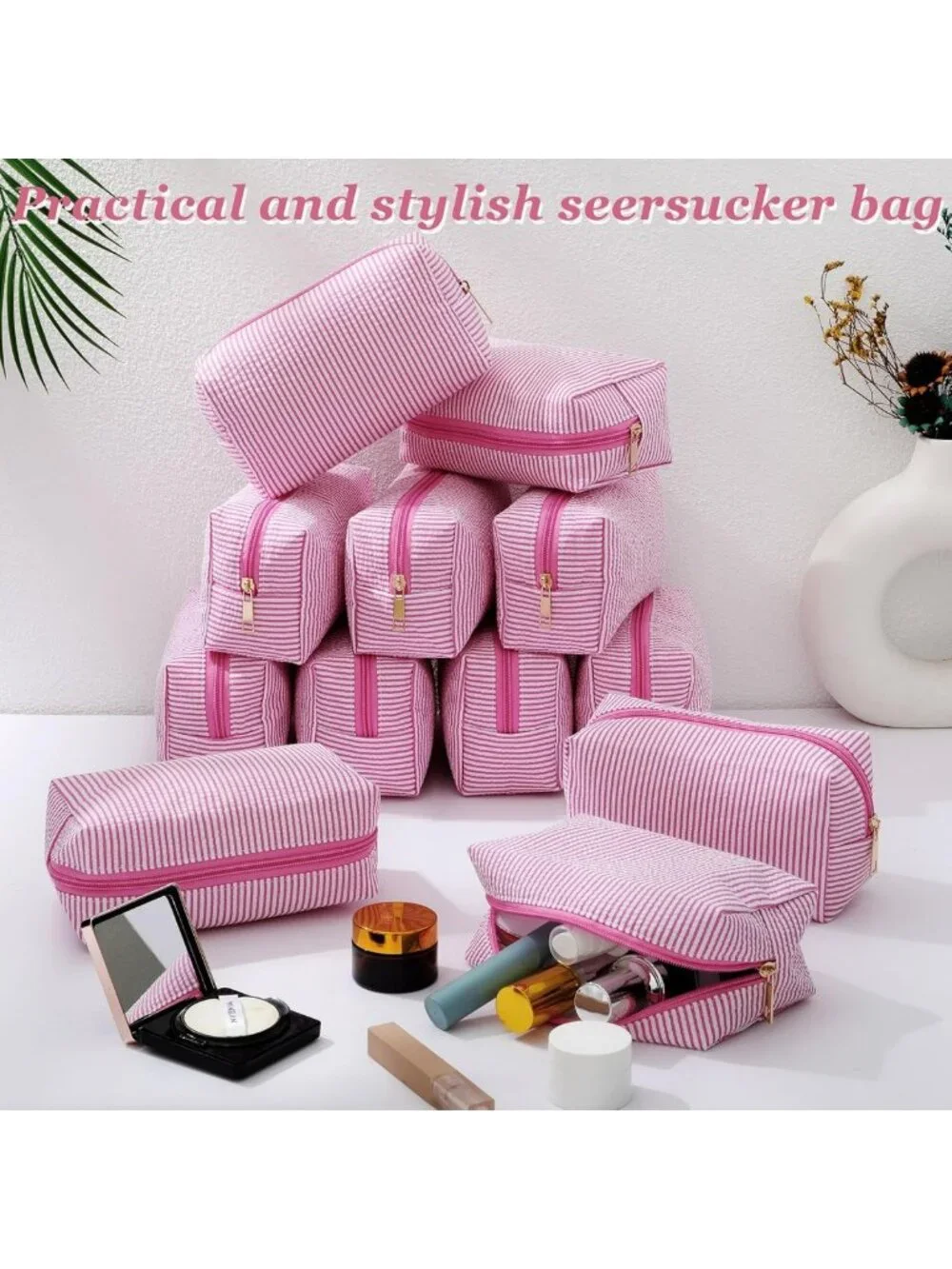 12 Pcs Striped Seersucker Cosmetic Bags Set - Pink Zippered Travel Organizers